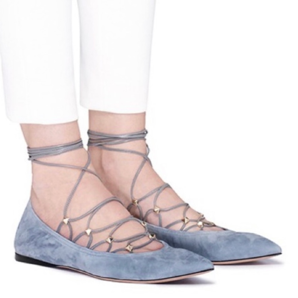 Valentino Rockstud Caged Lace Up Suede Skimmer Flats